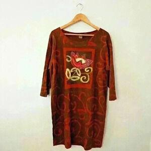 Vintage Hand Painted Artsy Art to Wear Tunic Dress Floral Lagenlook Hippie Boho